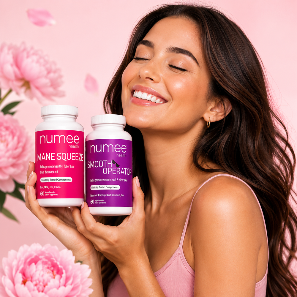 Numee Health Hair & Skin Duo supplement bottles